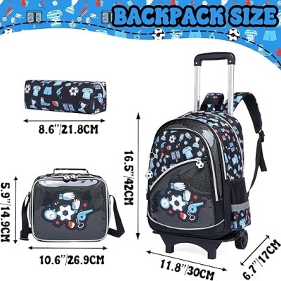 Conjunto mochila com rodas preta com estampados coloridos de objetos esportivos e utensílios