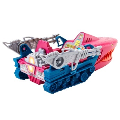 Brinquedo veiculo lagartas e cabeça de tubarão vermelha.