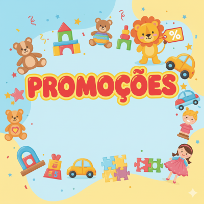 Brinquedos infantis coloridos com a palavra PROMOÇÕES em destaque