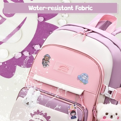 Mochila rosa e lilás com personagens e tecido resistente à água