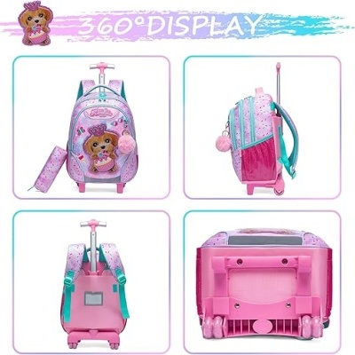 Mochila rosa com carrinho, personagem desenhado e estojo