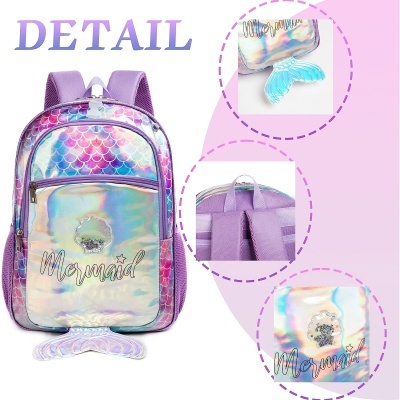 Mochila holográfica lilás com padrão de escamas e texto Mermaid