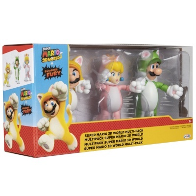 Caixa de figuras Super Mario 3D World com personagens em fatos de gato