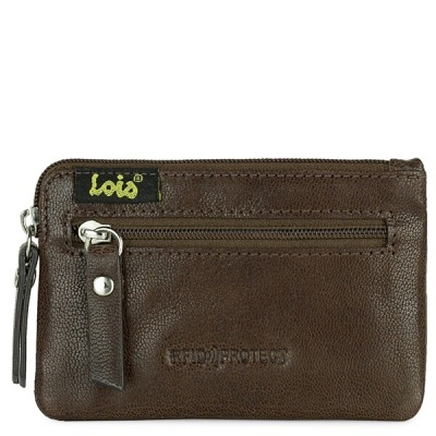 Carteira castanha de pele com fecho e etiqueta Lois