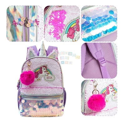 Mochila infantil lilás com lantejoulas e pompom rosa, com imagem de unicórnio.