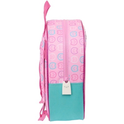Mochila infantil rosa com padrão de carinhas e parte inferior azul turquesa