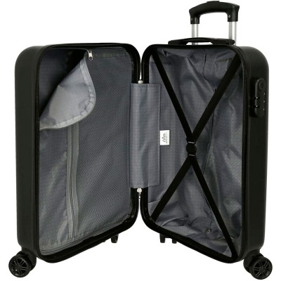 Mala de viagem preta aberta com interior cinzento e cintas cruzadas