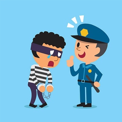 Ilustração de polícia a deter um ladrão algemado