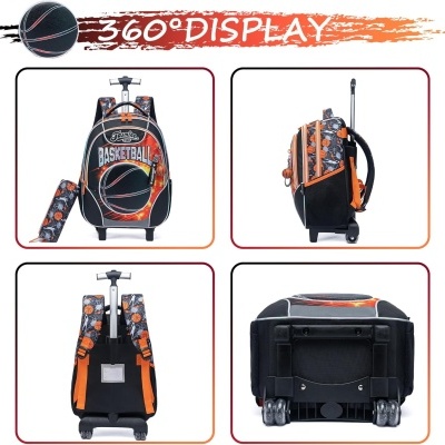 Mochila com rodas temática de basquetebol vista de vários ângulos