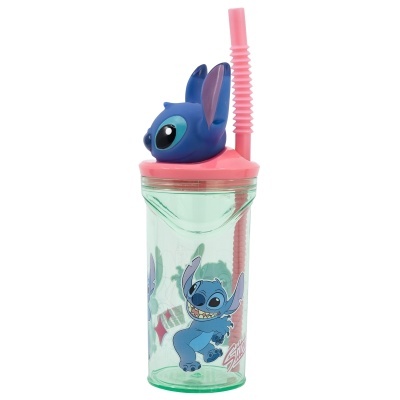 Copo plástico transparente com tampa rosa e personagem Stitch azul