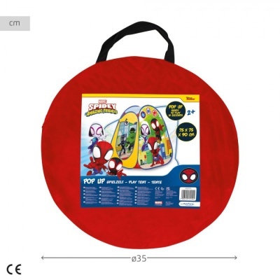 Tenda de brincar Pop Up Spidey Amazing Friends na bolsa redonda vermelha com etiqueta de produto