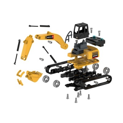 Modelo de escavadora amarela e preta desmontada com peças soltas