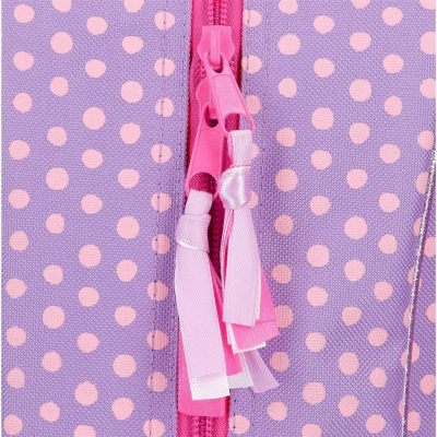 Fecho de correr rosa com puxadores de fita em tecido lilás com bolinhas cor-de-rosa