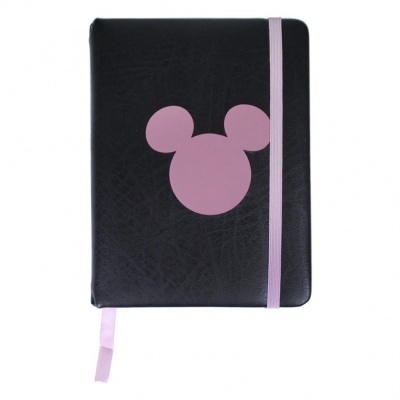Caderno com capa preta em sintético e símbolo lilás da cabeça do rato Mickey