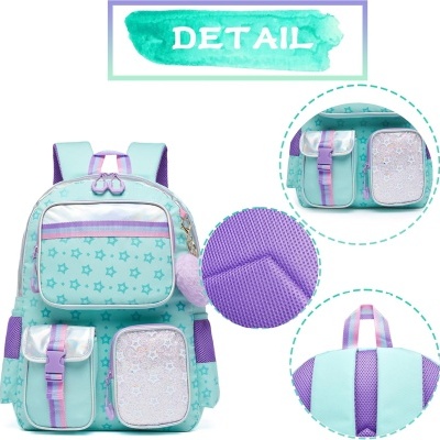 Mochila infantil azul e lilás com padrão de estrelas e múltiplos compartimentos