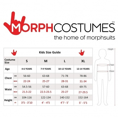 Tabela de tamanhos para fatos Morph Costumes para crianças com medidas de peito, cintura e altura em cm e polegadas.