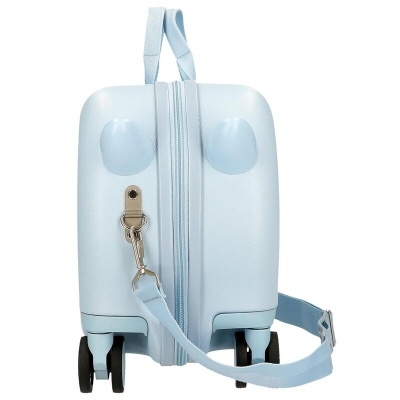 Mala de viagem azul clara vista de lado com rodas e alça