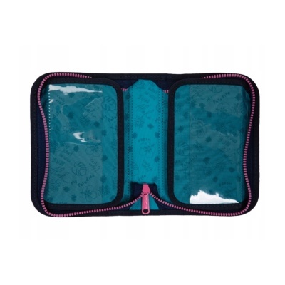 Estojo aberto azul-petróleo com fecho rosa e partes transparentes