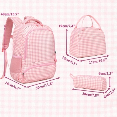 Conjunto Escolar Xadrez Pink - Mochila + lancheira + porta-lápis