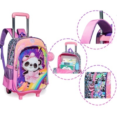 Mochila escolar cor-de-rosa com panda e carrinho