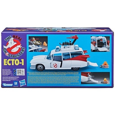 Embalagem azul do brinquedo Ghostbusters Ecto-1 com imagem do veículo e logótipos