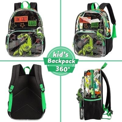 Mochila infantil preta com design de dinossauro e detalhes verdes vista de vários ângulos