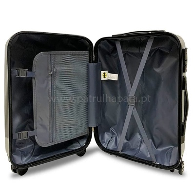 Mala de viagem aberta azul escuro com divisória em rede e alças cruzadas