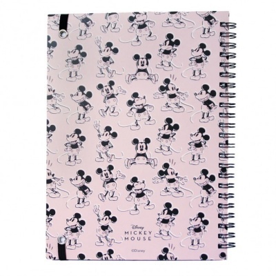 Caderno espiral rosa com padrão de Mickey Mouse em preto e branco