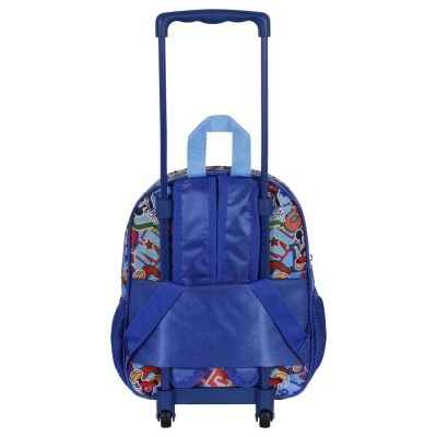 Mochila com carrinho azul e padrão colorido com estrelas e letras