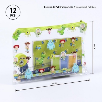 Estuche transparente de PVC com personagens de desenhos animados e fecho verde