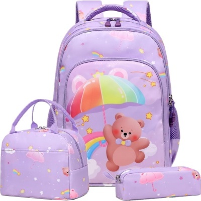 Conjunto lilás de mochila, saco e estojo com urso e guarda-chuva colorido