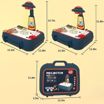 Projetor infantil com base branca e azul escuro e estojo de transporte azul
