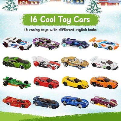 16 carros de brinquedo coloridos e diferentes estilos em fundo nevado