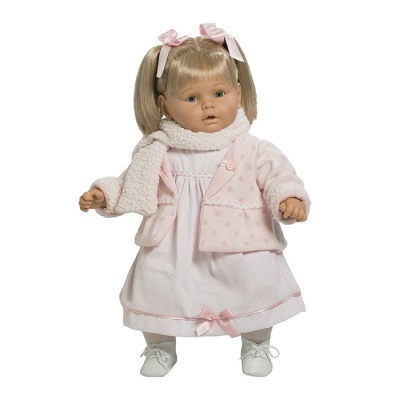 Boneca com vestido e casaco cor-de-rosa e branco