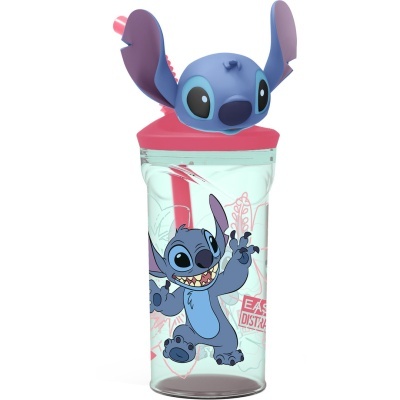 Garrafa plástica com personagem Stitch em azul e tampa rosa com orelhas grandes