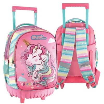 Mochila infantil rosa com unicórnio e padrão colorido de arco-íris