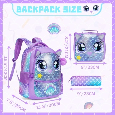 Conjunto Escolar Gatinha Sereia - Mochila + lancheira + porta-lápis