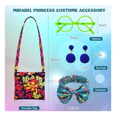 Fato Mirabel Encanto + saco + óculos + brincos + fita cabelo