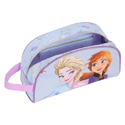 Necessaire azul clara da Disney Frozen com personagens Elsa e Anna e alça rosa