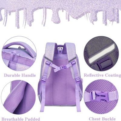Mochila roxa com alças acolchoadas, alça resistente e fecho de peito