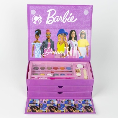 Conjunto maquilhagem Barbie Dream Team com sombras coloridas e caixa roxa