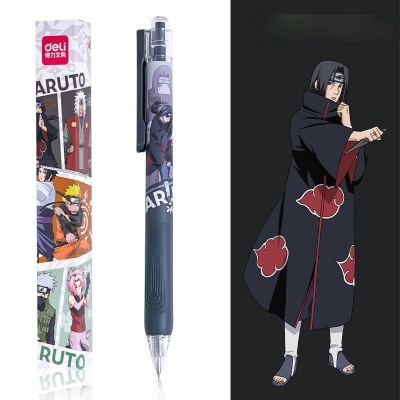 Caneta preta com embalagem e personagens do anime Naruto, incluindo Itachi Uchiha