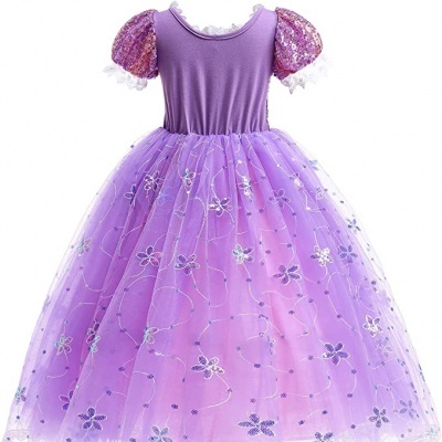 Vestido infantil roxo com saia de tule e bordados florais