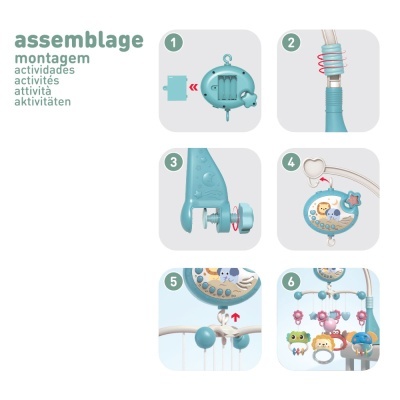 Passos para montagem de móbile de bebé com instruções em várias línguas