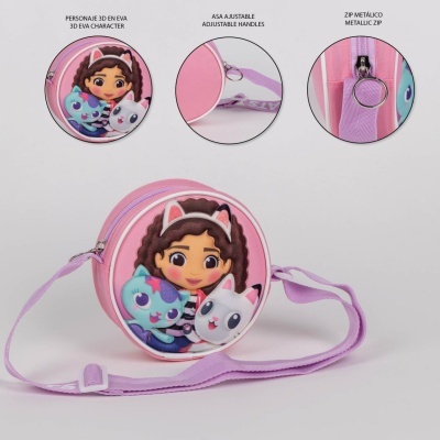 Mala redonda infantil rosa com personagem 3D e alça lilás ajustável