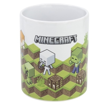 Caneca branca com design Minecraft pixelado e texto MINECRAFT