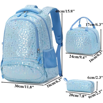 Conjunto Escolar Blue Hearts 40 cm - Mochila + lancheira + porta-lápis
