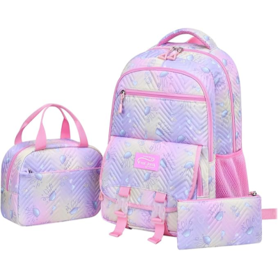 Conjunto colorido de mochila, estojo e lancheira com padrão de conchas e fechos rosa