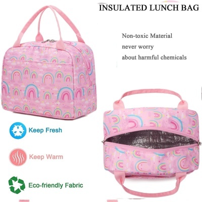 Bolsa isotérmica rosa com arcos-íris coloridos para almoço
