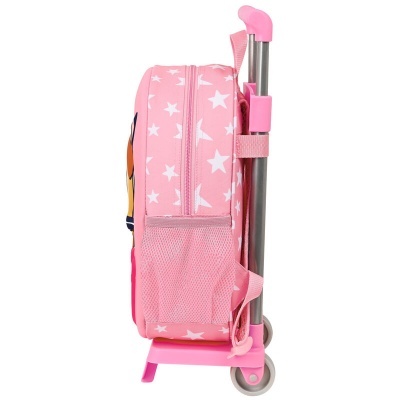 Mala de carrinho infantil rosa com estrelas brancas e rodas duplas